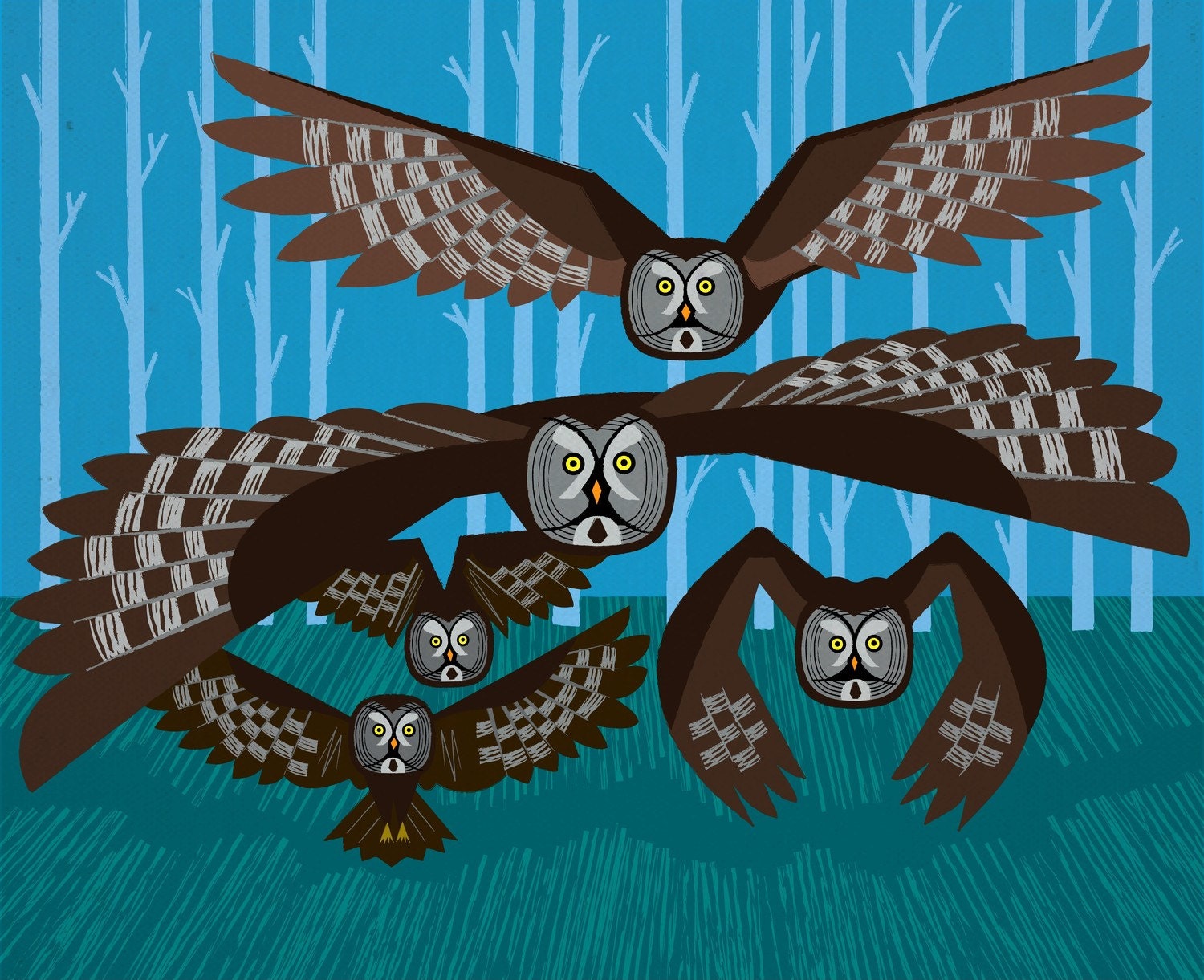 iOTA iLLUSTRATION - Five Owls In Flight - Limited Edition Animal Art Print