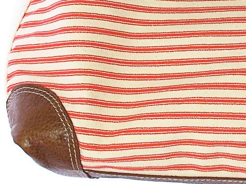 Workhorse bag in bright coral striped cotton/linen fabric with leather trim