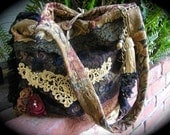 Gypsy Carpet Bag, handmade thick, bohemian, tapestry fabric, earth tones, black lace