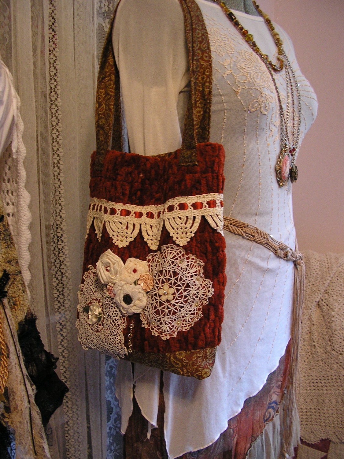 Victorian Doily Purse, vintage doilies crochet bobbin lace pearls handmade fabric flowers romantic unique ooak embellished shoulder bag