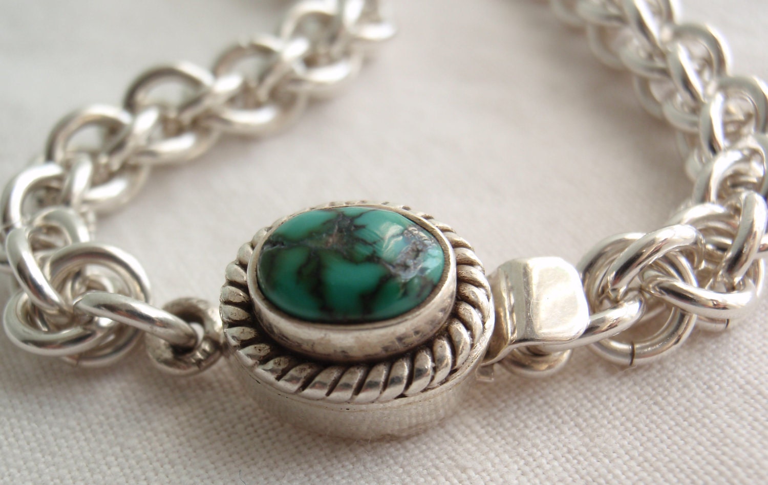 Sterling Silver Jens Pind Weave Bracelet Turquoise Clasp Chain Maille