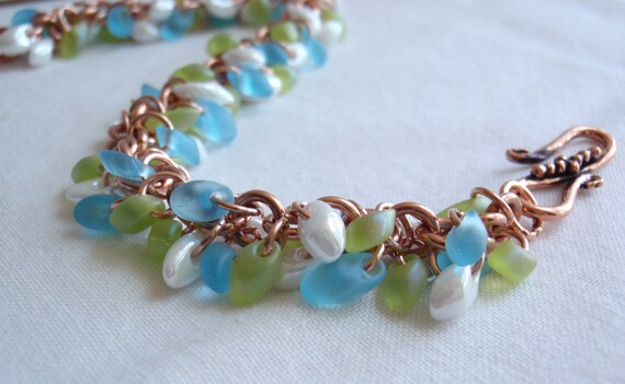 Copper Beaded Bracelet Shaggy Loops Sea Glass Colored Magatama Beads