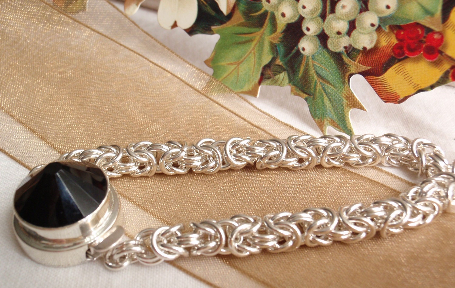 Sterling Silver Chain Maille Bracelet Black Onyx Byzantine Weave