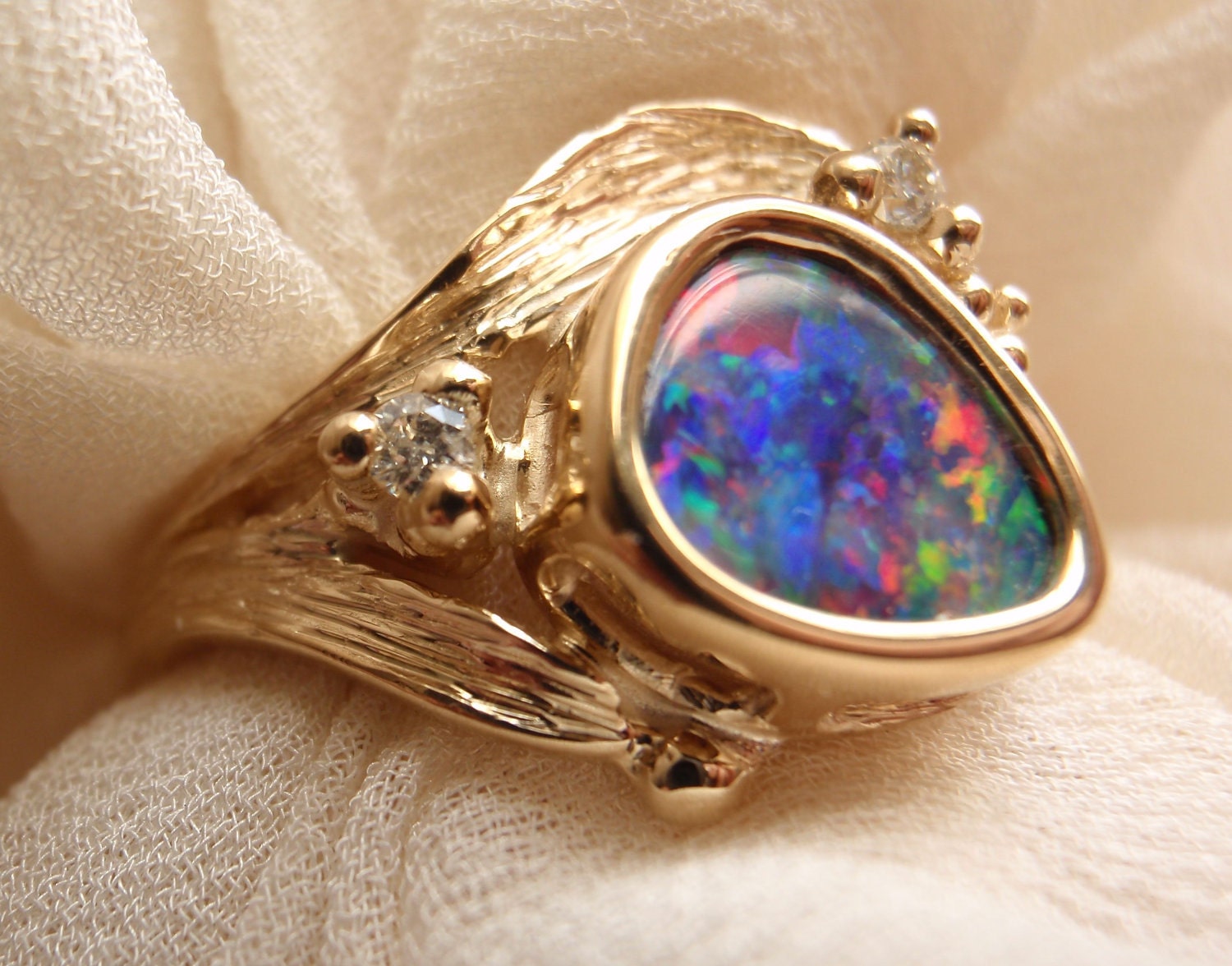 Boulder Opal Ring 14k Yellow Gold  Diamond Accents