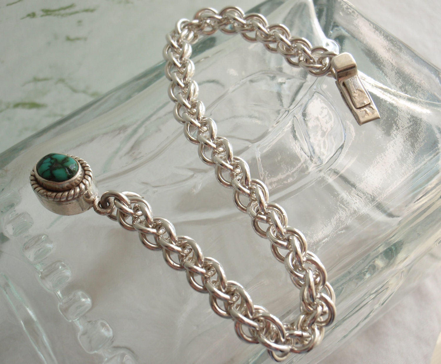 Sterling Silver Jens Pind Weave Bracelet Turquoise Clasp Chain Maille