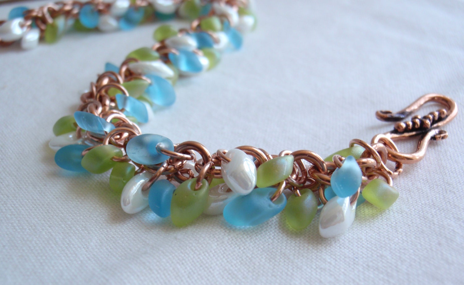 Copper Beaded Bracelet Shaggy Loops Sea Glass Colored Magatama Beads