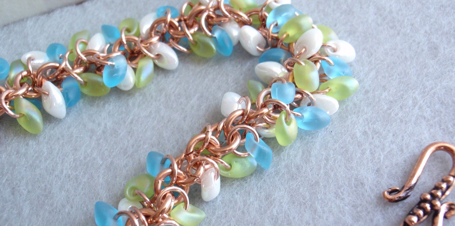 Copper Beaded Bracelet Shaggy Loops Sea Glass Colored Magatama Beads