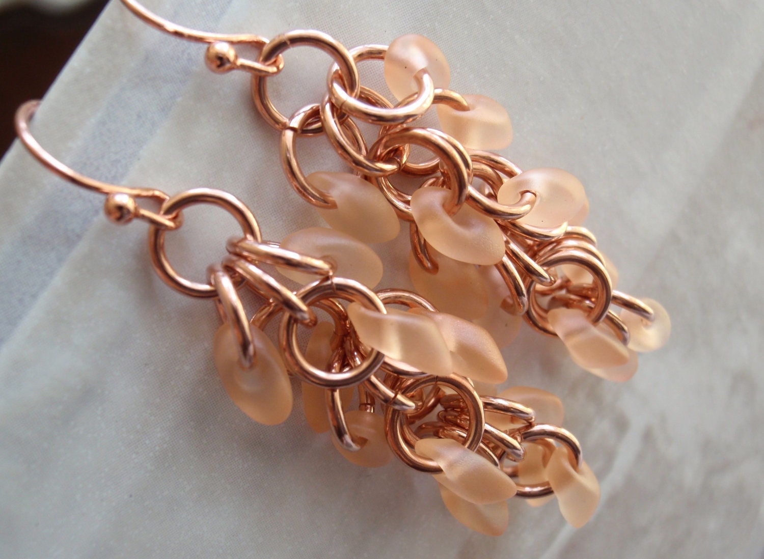 Copper Shaggy Loops Earrings Peach Magatama Beads Chain Maille