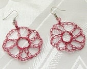 Playful Red - Wire crocheted flower earrings, red colored wire, sterling silver earwire