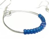 Simply blue hoop earrings - silver toned copper wire, blue glass beads, silver plated earwire