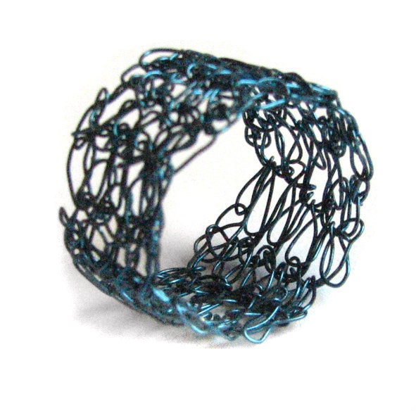 Turquoise Weave crochet ring - colored copper wire, flexible,  custom size
