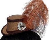 Steampunk Tan Scroll Pattern Victorian Riding Hat Mini Top Hat Ostrich Feather