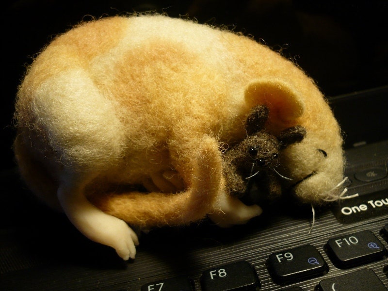 Adoreable Rat Sleeping with his Little Bunny, Needle Felted, Felting OOAK