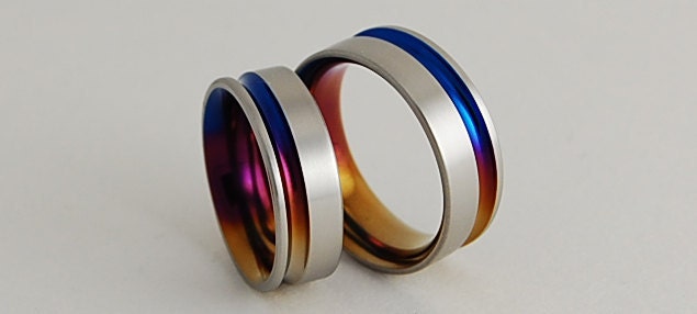 Titanium Wedding Rings , The Cosmos Bands in Bronze , Mystic Purple and Nightfall Blue