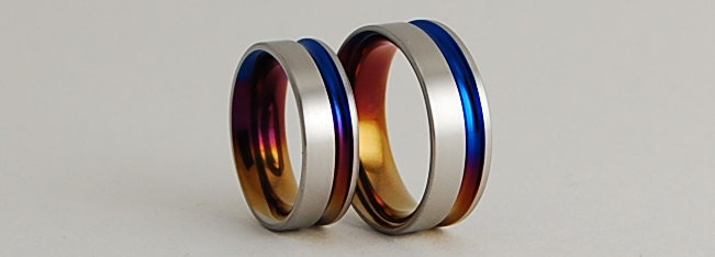 Titanium Wedding Rings , The Cosmos Bands in Bronze , Mystic Purple and Nightfall Blue