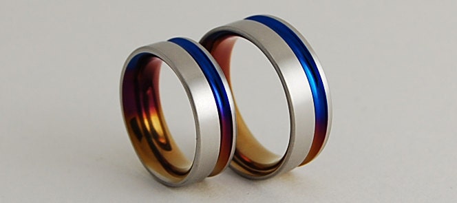 Titanium Wedding Rings , The Cosmos Bands in Bronze , Mystic Purple and Nightfall Blue