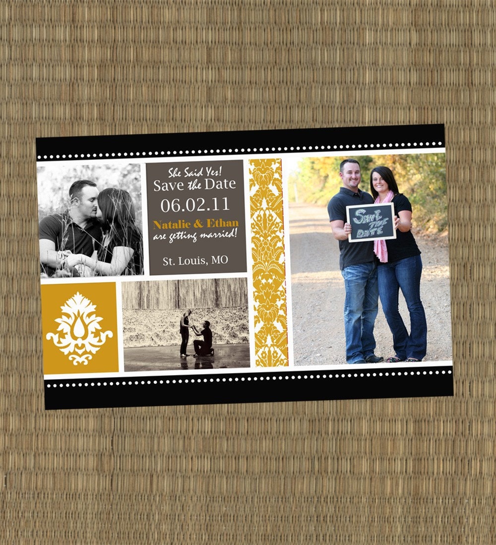 Printable Save the Date Card - Yellow and Gray Damask Save-the-date Card
