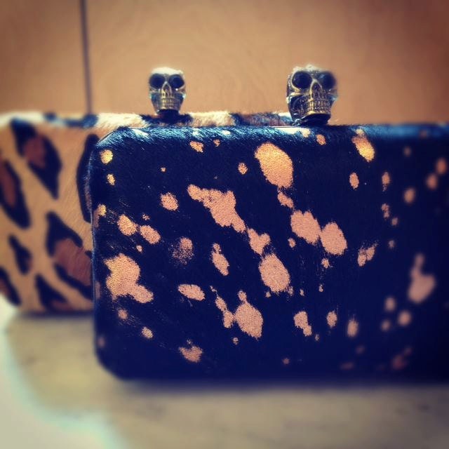 Leopard Hair Hide Clutch- skull clasp- Antique Brass