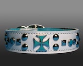 Dog Collar White Leather/Tattoo Blue Iron Cross