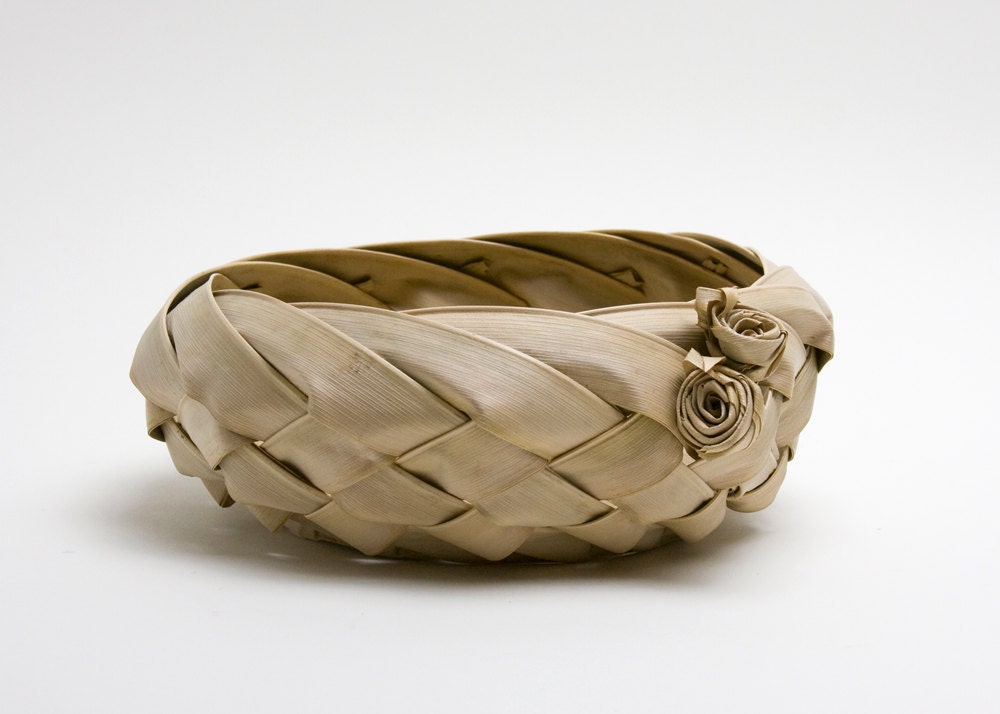 Basket - Palm Frond, Rosettes, Vintage
