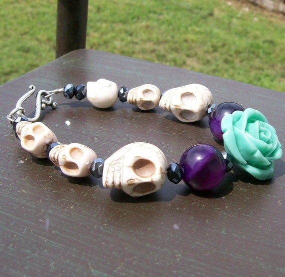 Blue Rose and Sugar Skull Bracelet Halloween jewelry