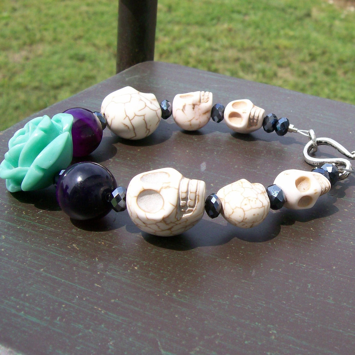 Blue Rose and Sugar Skull Bracelet Halloween jewelry