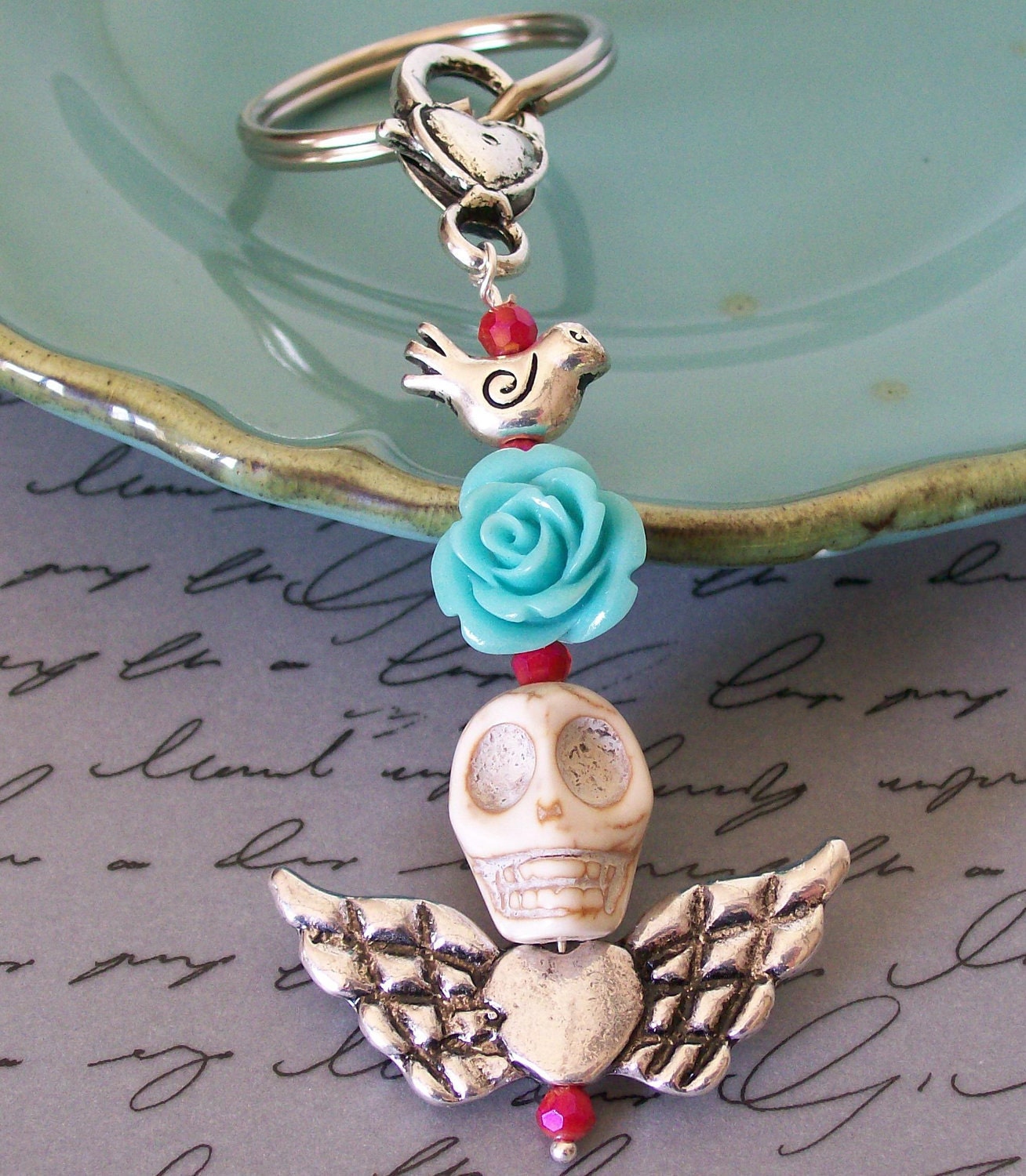 Frida Sugar Skull Pendant Keychain Rockabilly Rose and White Skull Pendant keychain