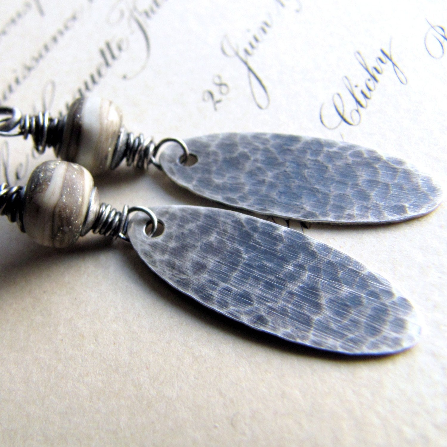 30% WINTER SALE Ivory Lampwork Earrings, Glass Beads Hammered Oval Disc Metalwork Oxidized Sterling Silver challenevi