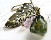 Purse Charm Key Chain Zipper Pull Feather Charm Moss Aquamarine Nugget Amethyst gmestone Antique Brass