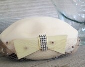 SALE - Vintage Cream Hat with Rhinestone, Bow, and Netting