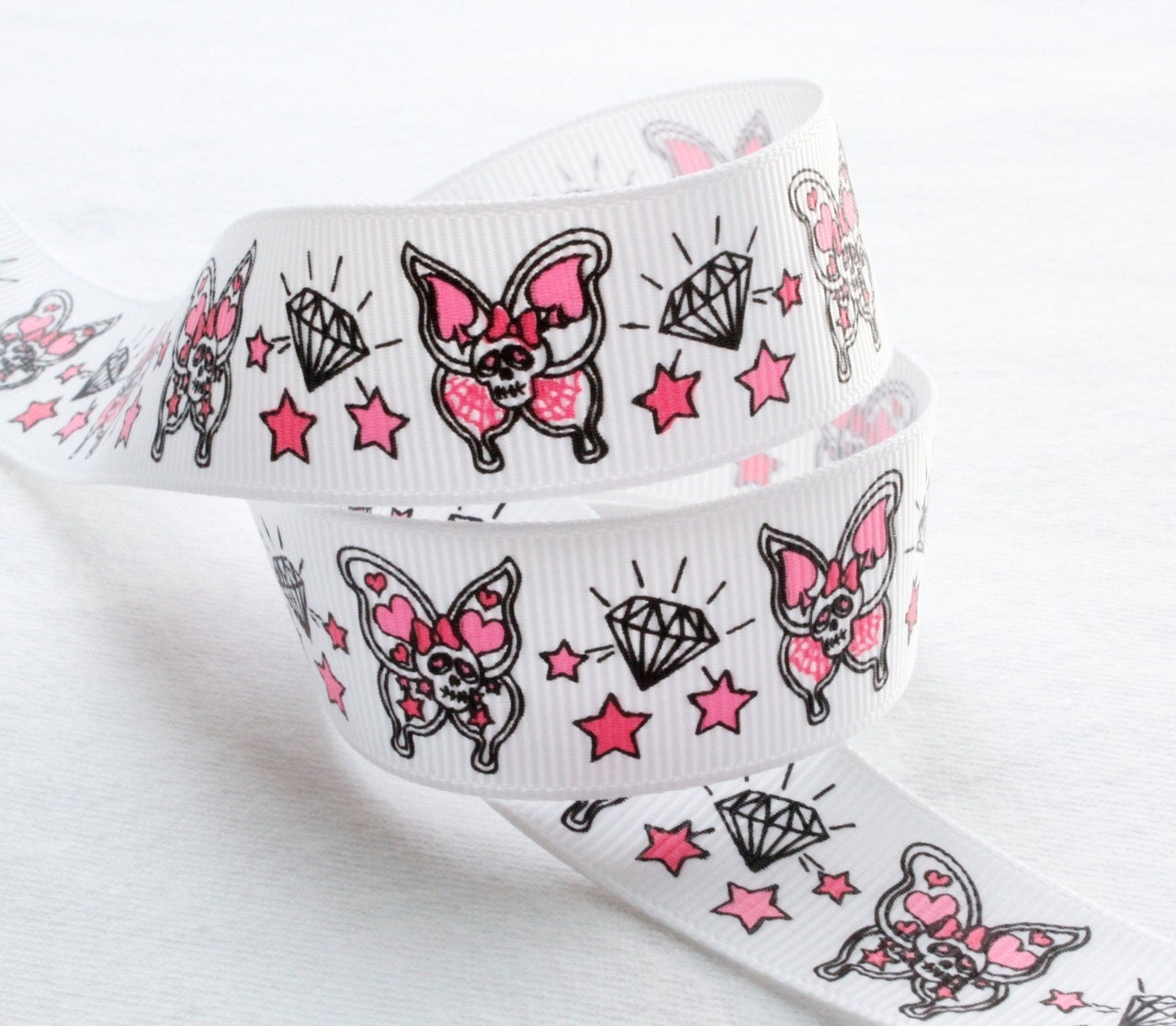Skulls Diamond Butterflies 5 yd 7/8 inch Printed Grosgrain Ribbon - High Quality