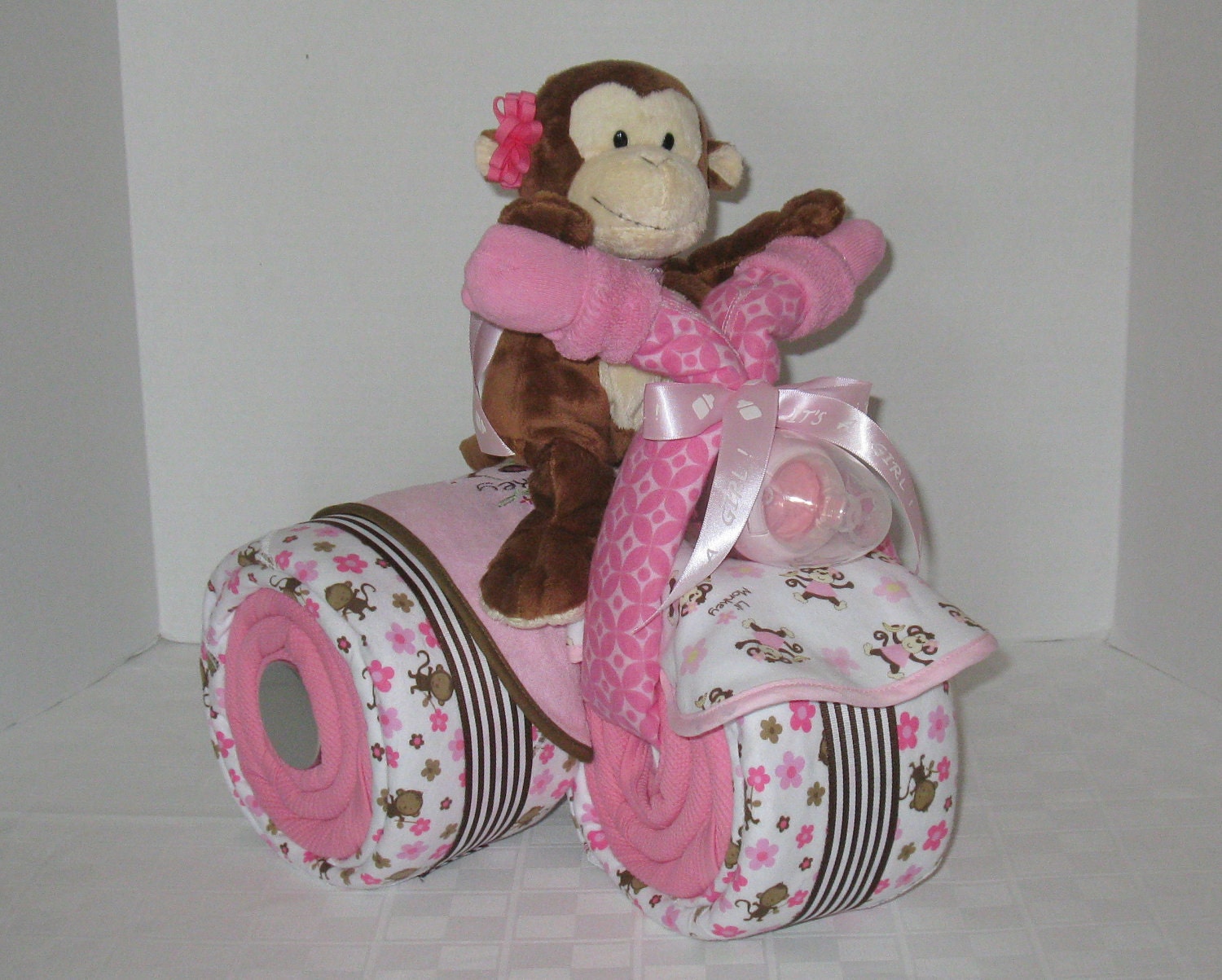 Baby Gift, Baby Cake, Tricycle, Trike, Diaper Cake, Baby Shower Gift ,Centerpiece, Jungle, Monkey, Safari, Pink & Brown