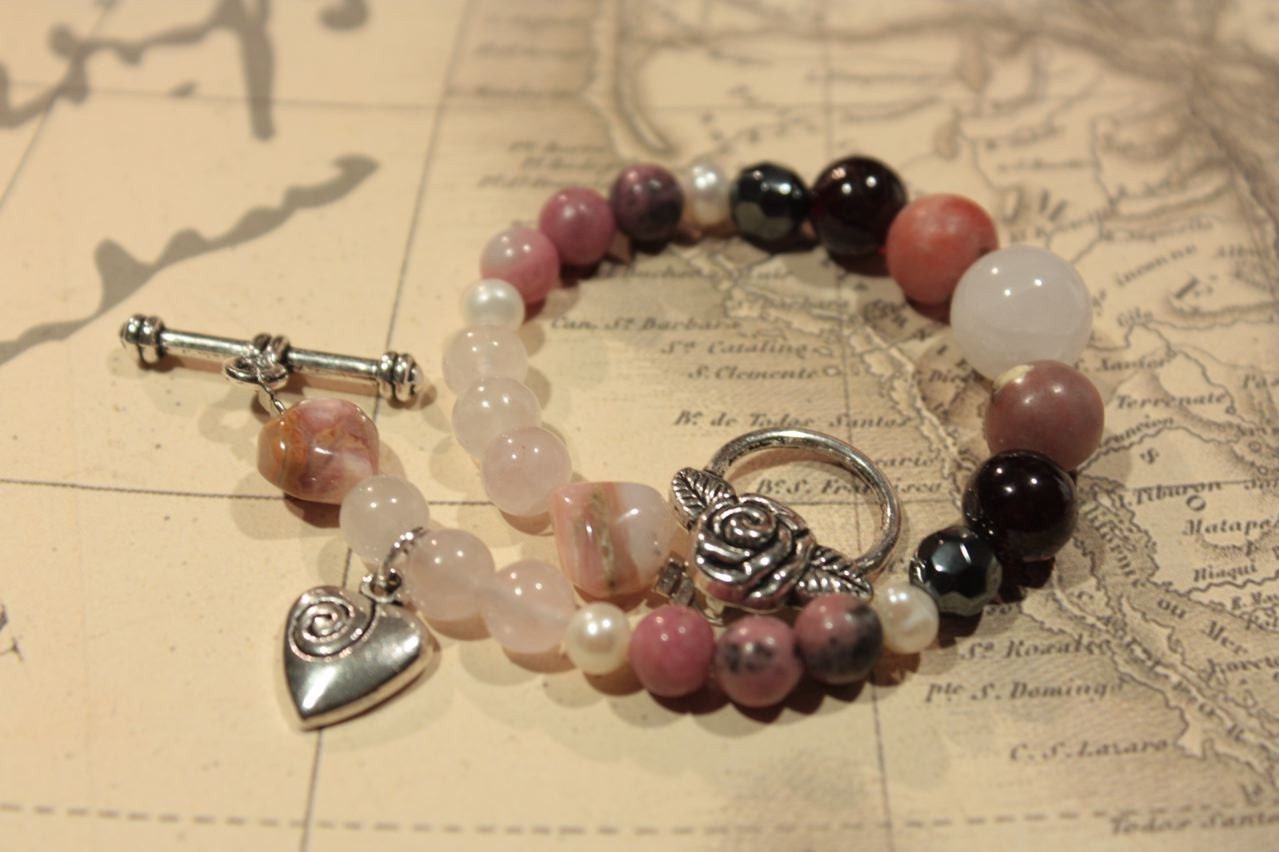 Love Bracelet - Semi-Precious Gems, Pearls and Heart Charm - Pink Opal, Rose Quartz, Rhodonite, Hematite, Lepidolite, Garnet