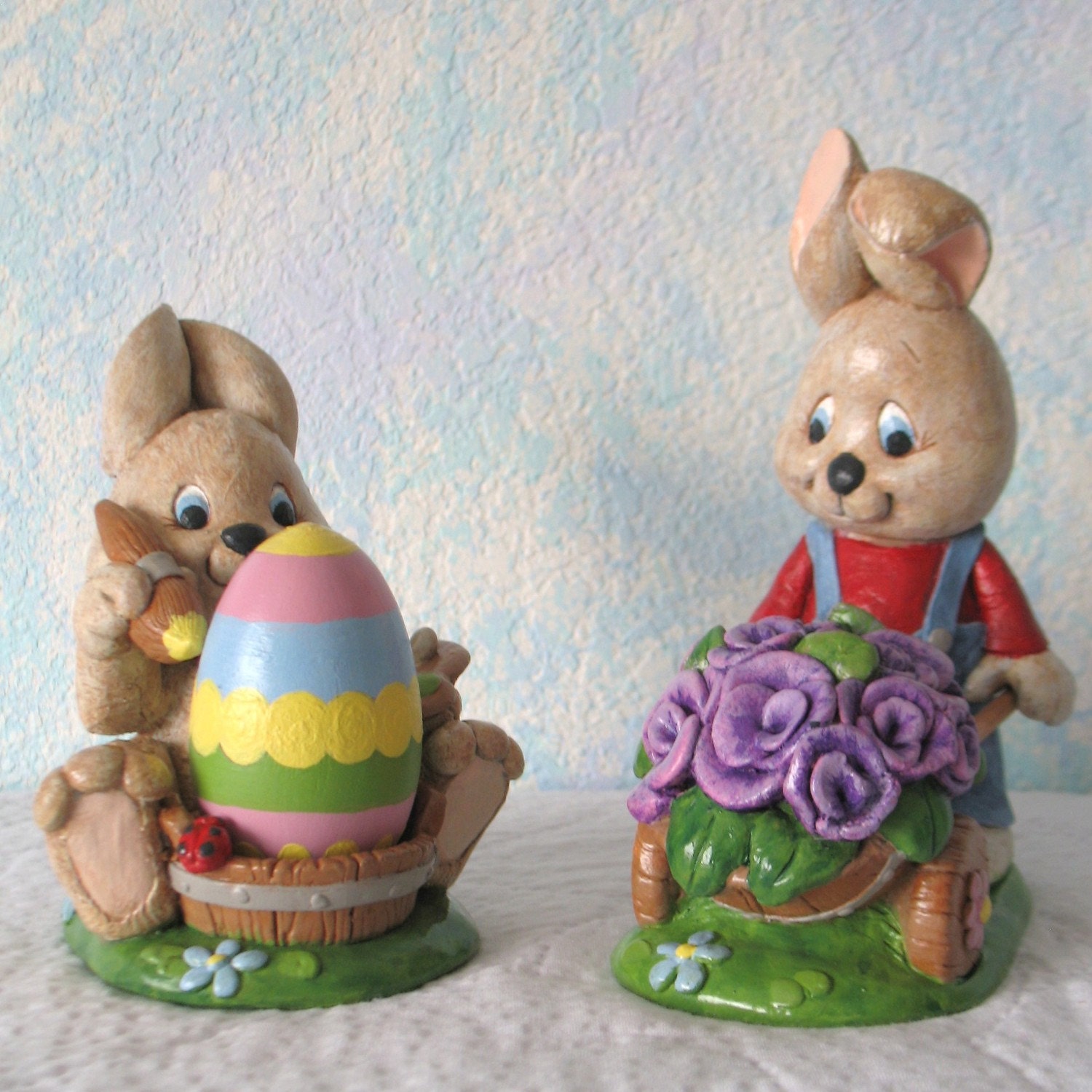 Handpainted Plaster Bunnies, Set of 2