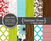 Summer Home Digital Paper Kit  // 300 dpi 12x12 inches - Instant Download