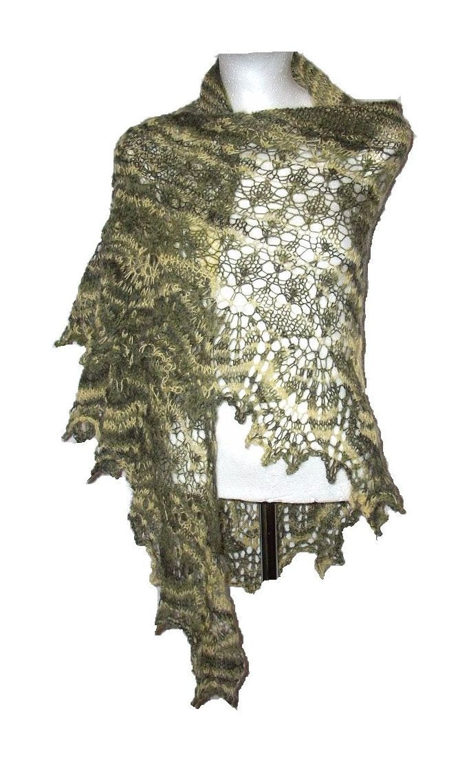 Olive green & yellow triangular angora lacy shawl Sunrise In Forest  scarf  woman girl gift OOAK - MyLaceSpace