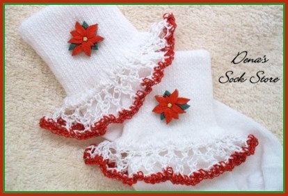 Boutique Crocheted Lace Ruffle Pageant Socks Custom CHRISTMAS POINTSETTIAS