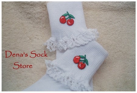 Boutique Crocheted Lace Ruffle Pageant Socks Custom CHERRIES