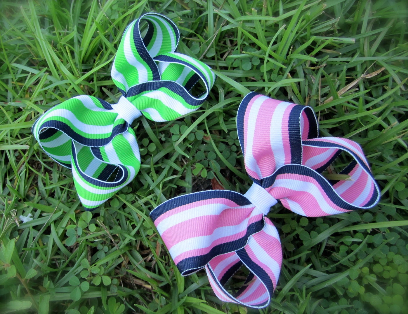 Large 4" Hair Bow Set: Stripped Lime Green, Navy Blue and Pink Set