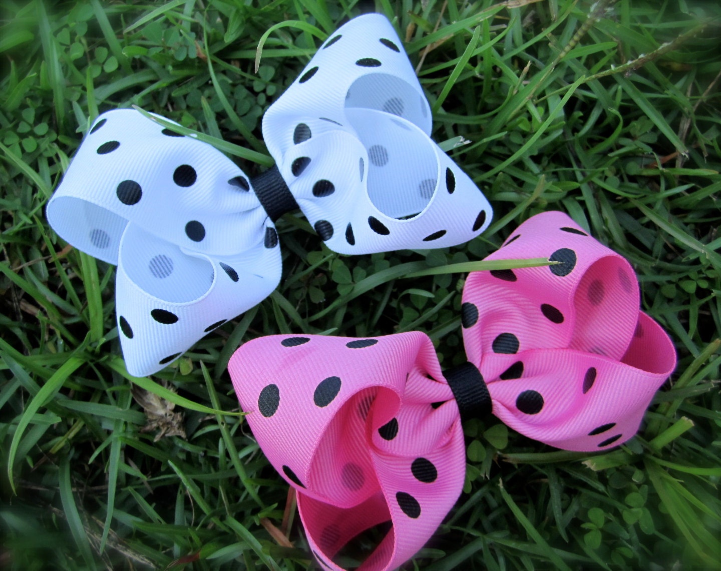 Large 4" Hair Bow Set: Pink, Black and White Polka Dots