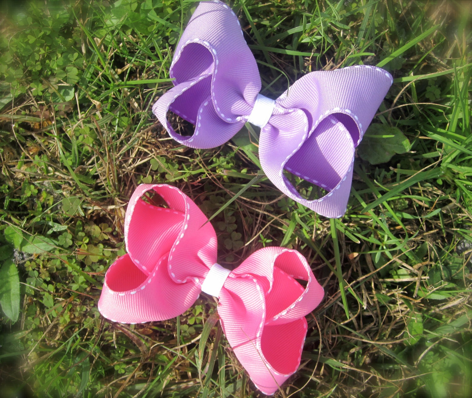 Large Hair Bow Set: Purple and Pink White Stitch 4" Bow