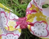 Hair Bow: Yellow, Pink and Gray Flowers 4"