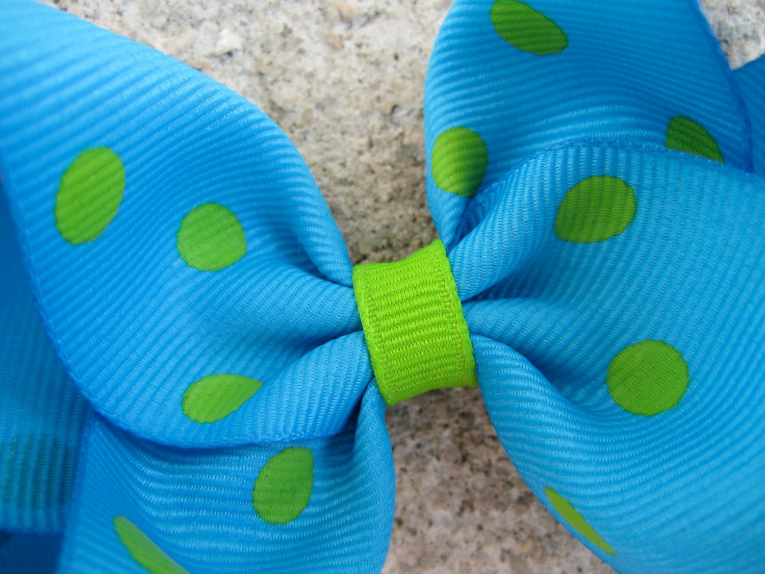 Hair Bow: Turquoise & Lime Green Polka Dots 4"