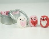 Set of 3 Fat Pocket Owls in Red, Pink, and White with Heart Bellies in a Heart Tin