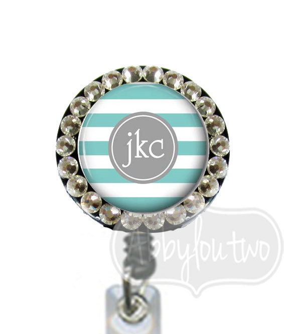 Name Badge Reel Holder Retractable ID Badge -  Bling -  Personalized with your Initials Preppy Stripe
