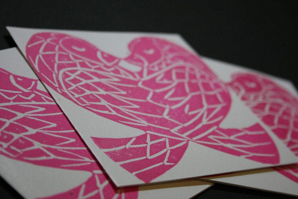 Handmade Lovebird Cards -- set of 10, hot pink