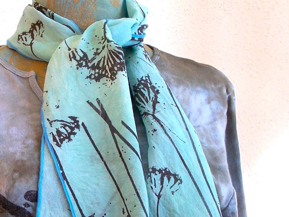 hand painted silk scarf light aqua blue with Queen Anne's lace