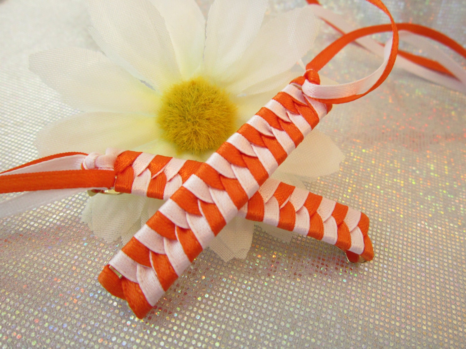 Braided Ribbon Barrettes - Fall Hair Clip - Orange and White