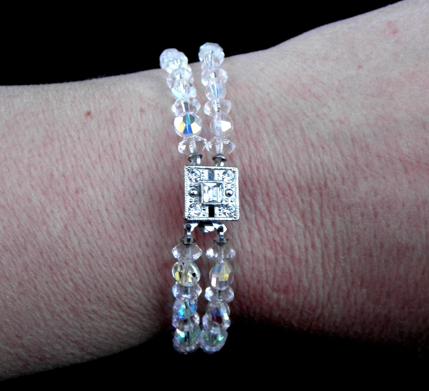 Vintage Double Stranded AB Clear Crystal Bracelet with Marcasite Clasp