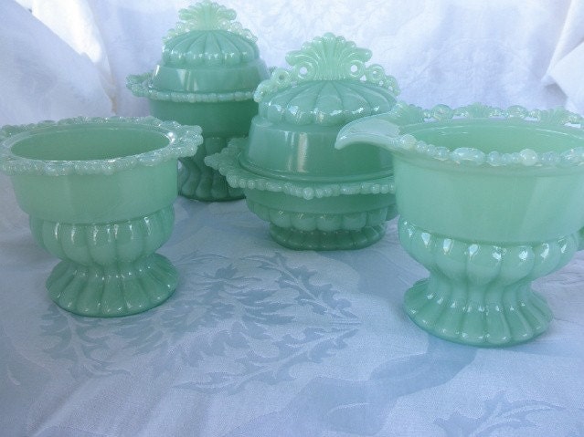 Jadite or Seafoam Green Westmoreland Rare Scalloped Covered Candy Dish Set with creamer and sugar